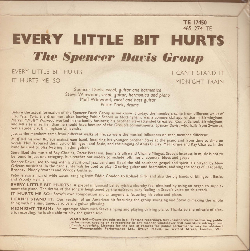 Spencer Davis Group Every Little Bit Hurts EP - EX UK 7" vinyl single (7 inch record / 45) SDG07EV62792