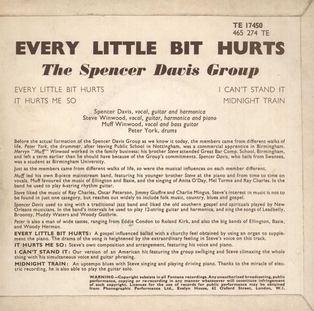 Spencer Davis Group Every Little Bit Hurts EP - VG UK 7" vinyl single (7 inch record / 45)