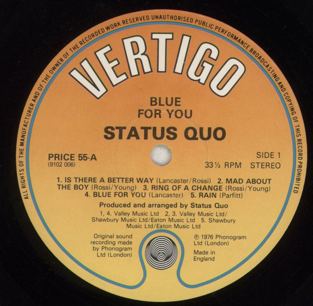 Status Quo Blue For You UK vinyl LP album (LP record) QUOLPBL441661