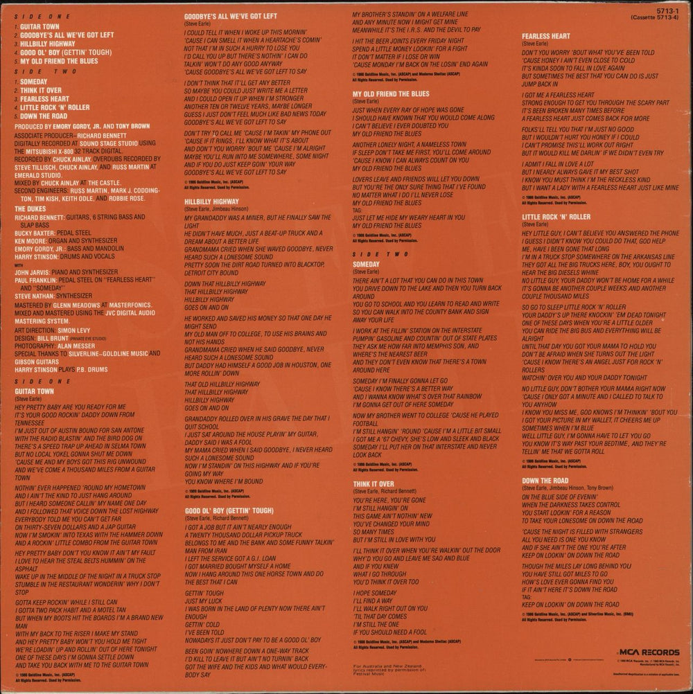 Steve Earle Guitar Town Australian vinyl LP album (LP record)