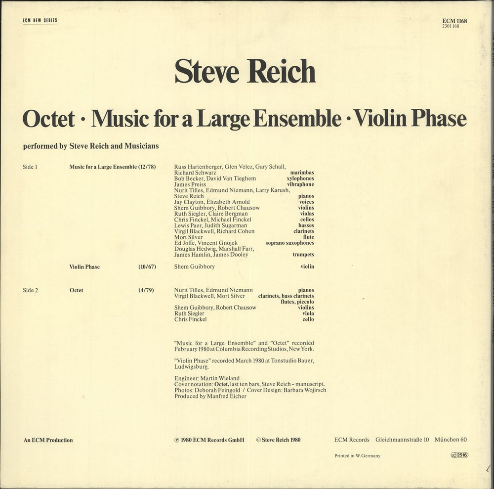 Steve Reich Octet • Music For A Large Ensemble • Violin Phase German vinyl LP album (LP record)