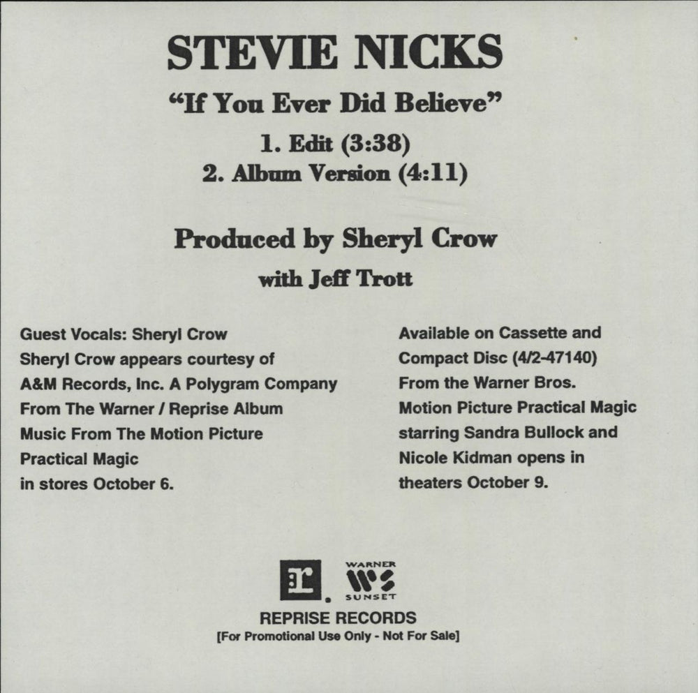 Stevie Nicks If You Ever Did Believe - 2-track US Promo CD-R acetate CDR