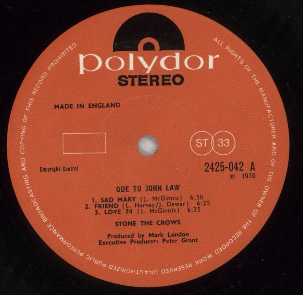 Stone The Crows Ode To John Law - EX UK vinyl LP album (LP record) SNELPOD648577