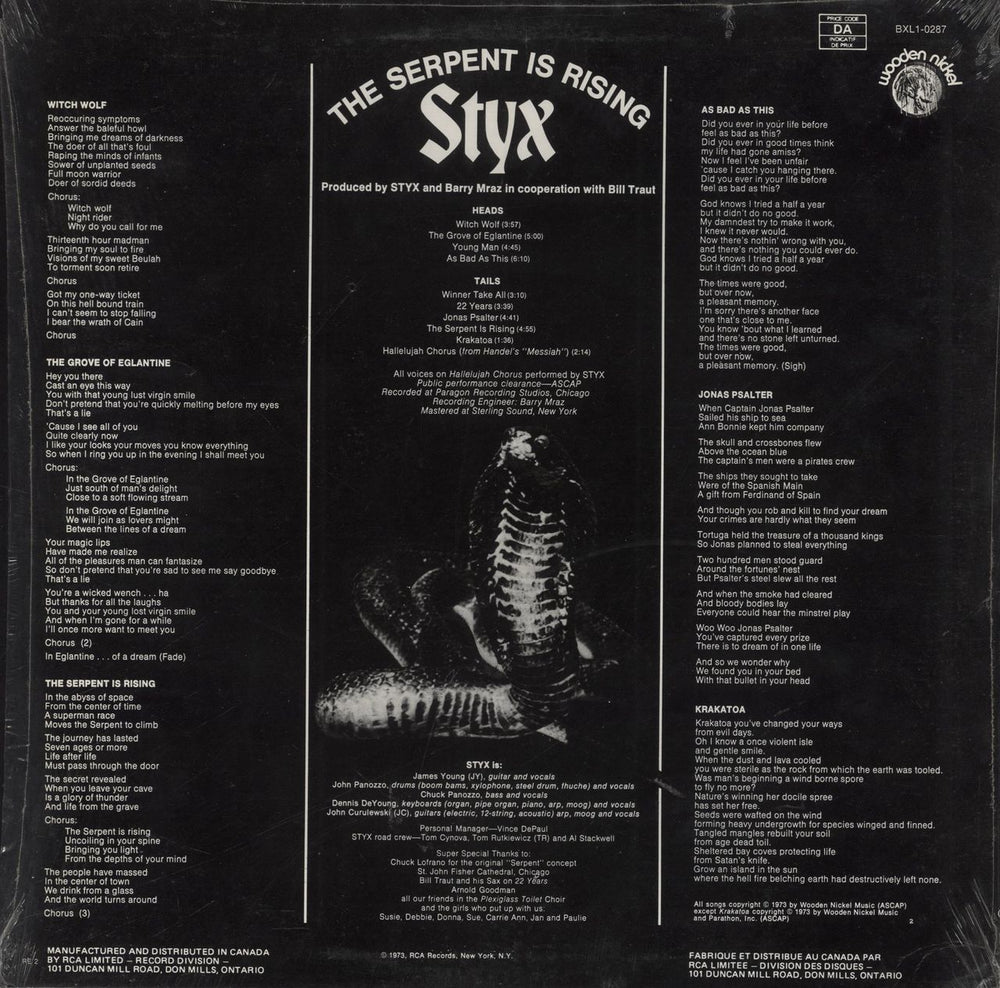 Styx The Serpent Is Rising Canadian vinyl LP album (LP record)