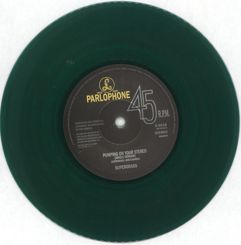 Supergrass Pumping On Your Stereo - Green Vinyl UK 7" vinyl single (7 inch record / 45) SGS07PU137812