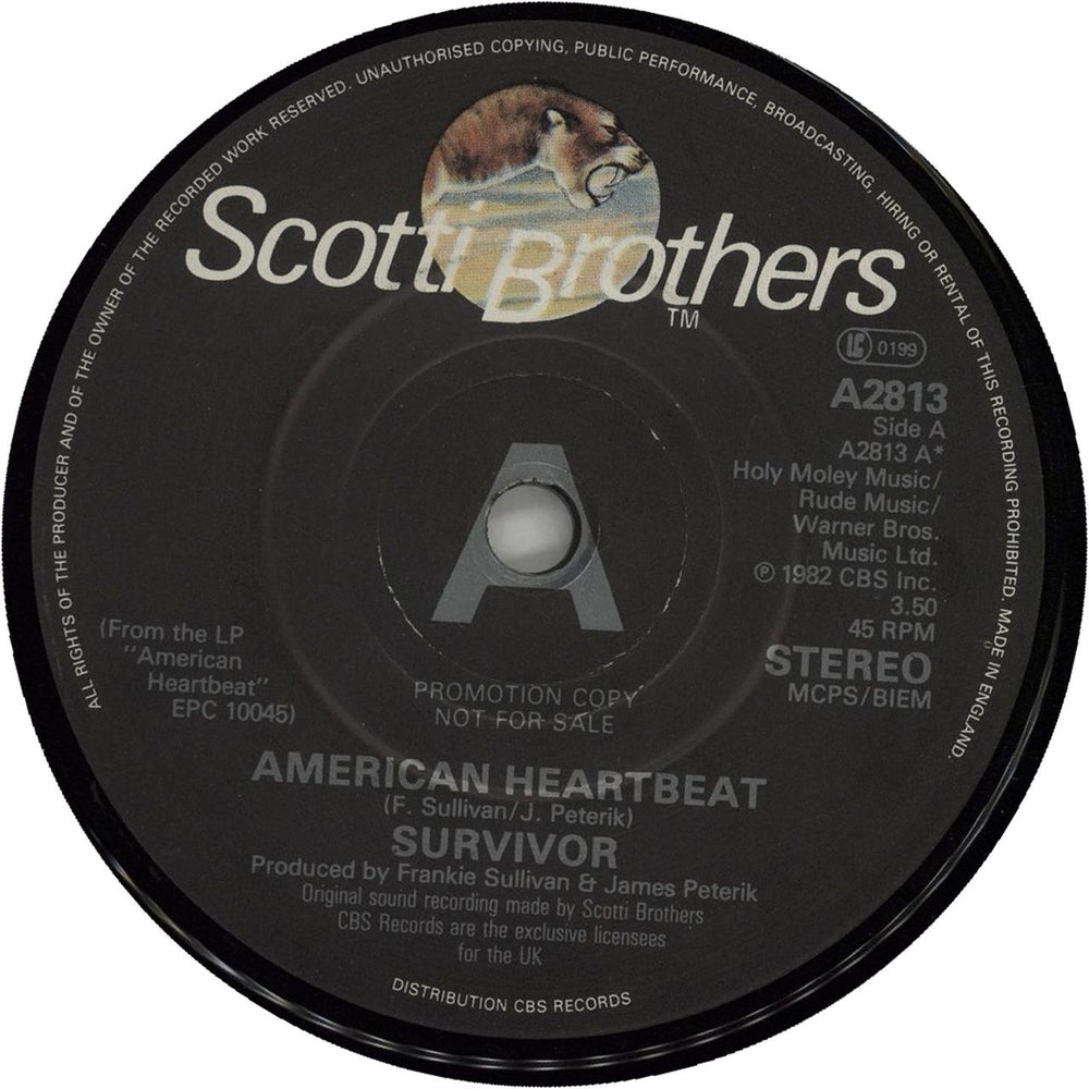 Survivor American Heartbeat UK Promo 7" vinyl single (7 inch record / 45) A2813