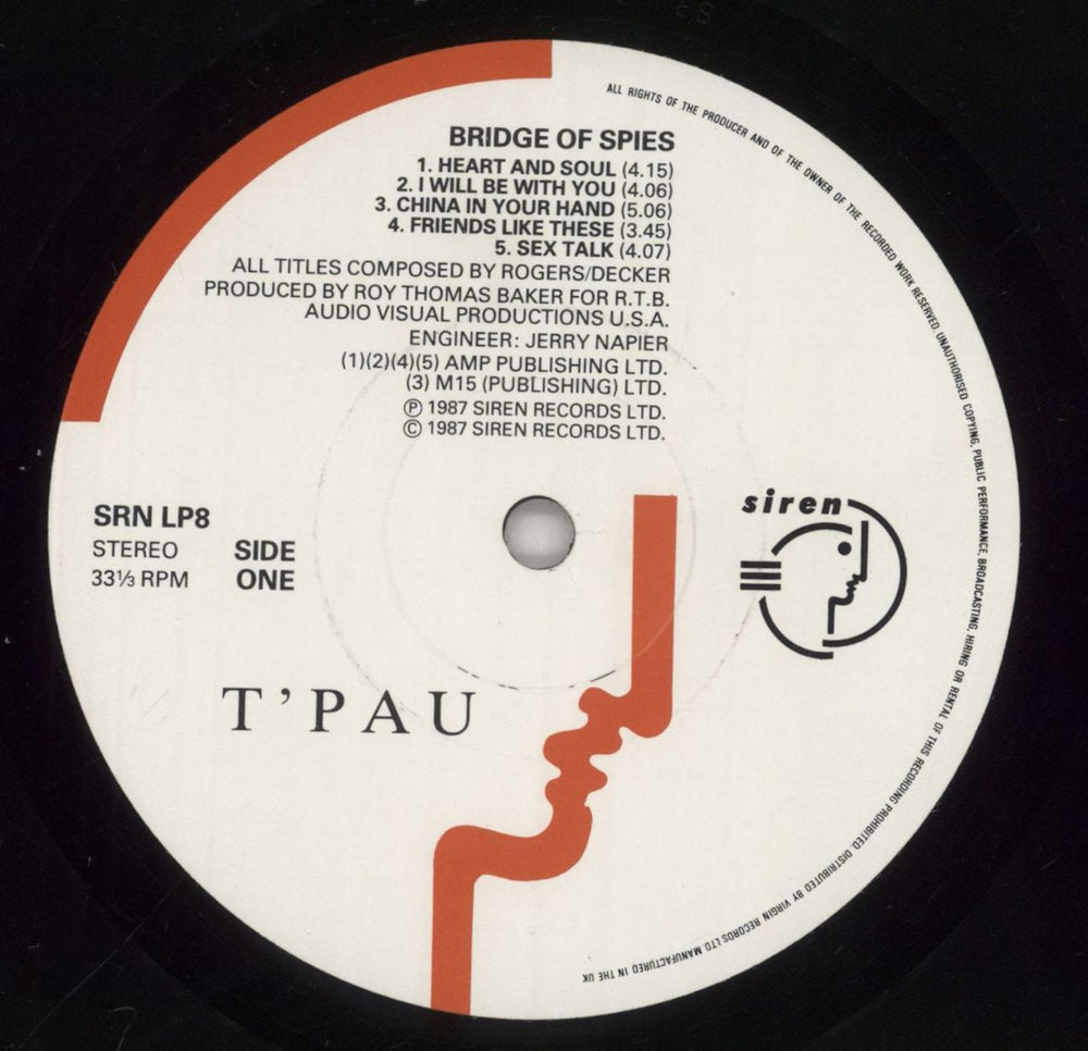 T'Pau Bridge Of Spies + Inner - EX UK vinyl LP album (LP record) TPALPBR804129