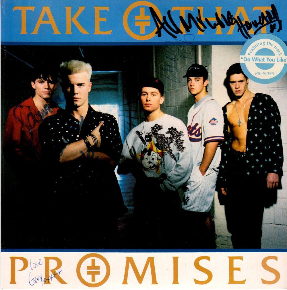 Take That Promises - Fully Autographed - Sammy & Joanne UK 7" vinyl single (7 inch record / 45) PB45085