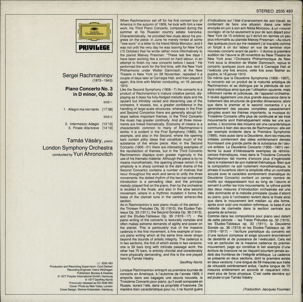 Tamás Vásáry Rachmaninov: Piano Concerto No. 3 in D Minor, Op.30 UK vinyl LP album (LP record)