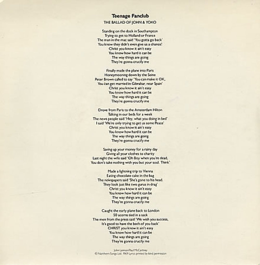 Teenage Fanclub The Ballad Of John & Yoko UK 7" vinyl single (7 inch record / 45) PAPER005