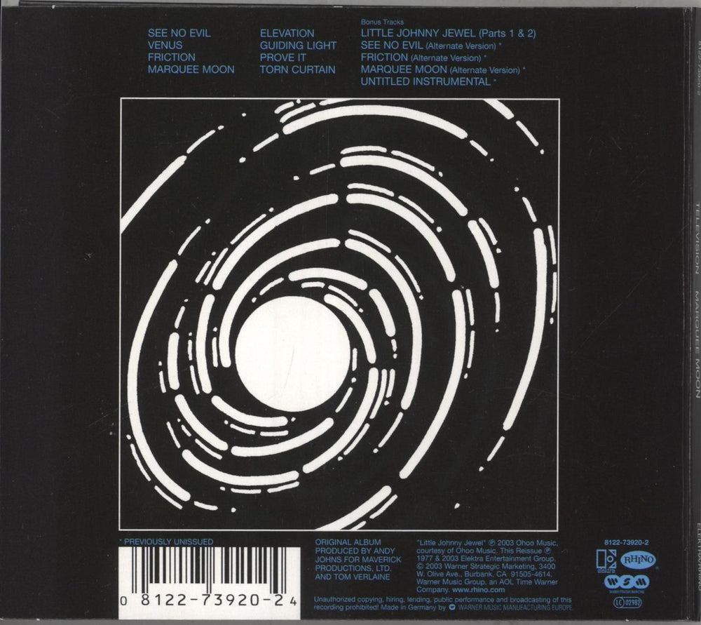 Television Marquee Moon UK CD album (CDLP) 081227392024