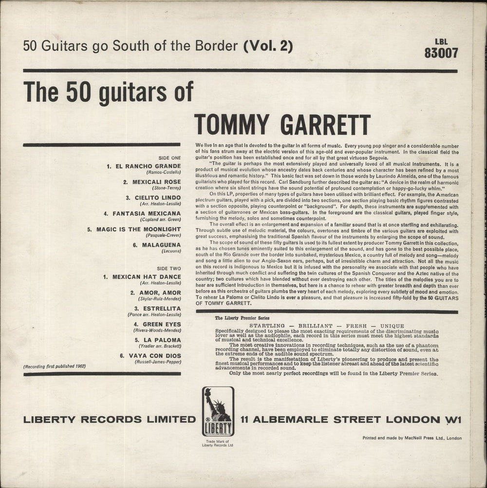 The 50 Guitars Of Tommy Garrett 50 Guitars Go South Of The Border Volume 2 UK vinyl LP album (LP record)