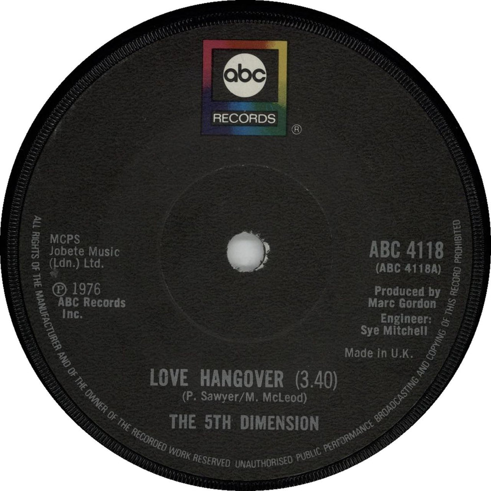 The 5th Dimension Love Hangover UK 7" vinyl single (7 inch record / 45) ABC4118