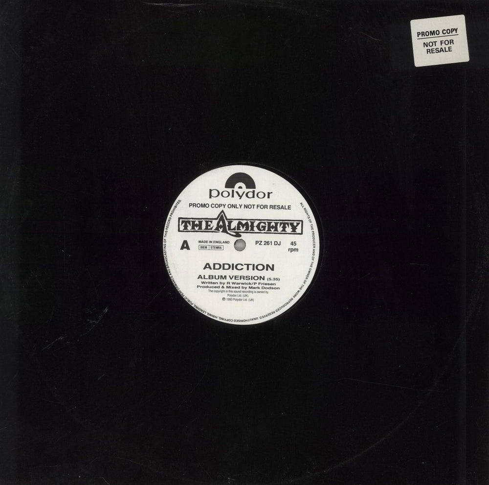 The Almighty Addiction UK Promo 12" vinyl single (12 inch record / Maxi-single) PZ261DJ