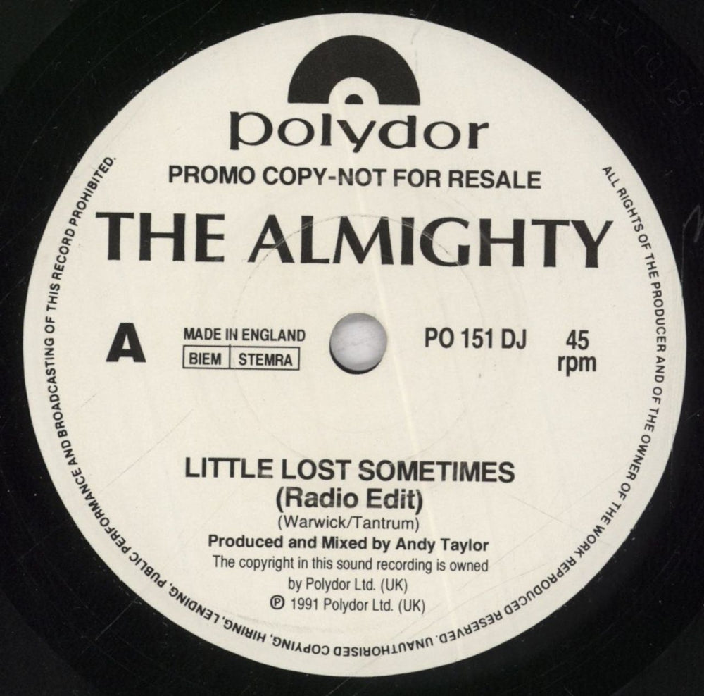 The Almighty Little Lost Sometimes UK Promo 7" vinyl single (7 inch record / 45) AMT07LI60095