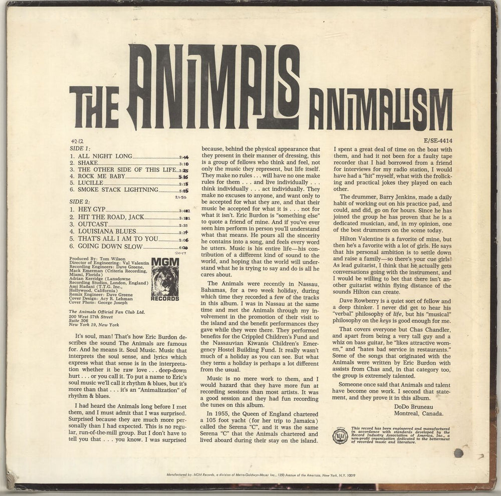 The Animals Animalism US vinyl LP album (LP record)