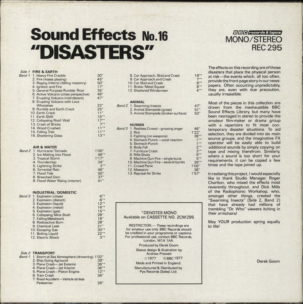 The BBC Radiophonic Workshop BBC Sound Effects No. 16 'Disasters' UK vinyl LP album (LP record)