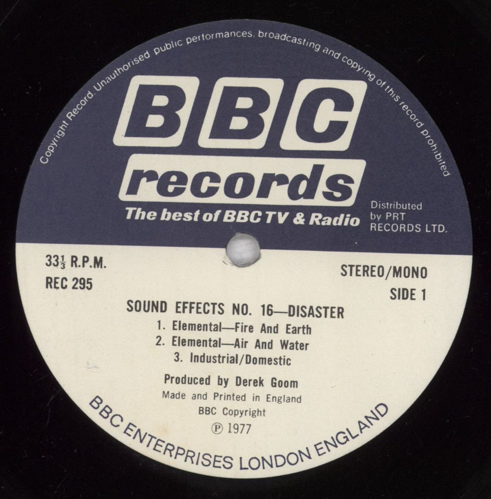 The BBC Radiophonic Workshop BBC Sound Effects No. 16 'Disasters' UK vinyl LP album (LP record) RW0LPBB835117