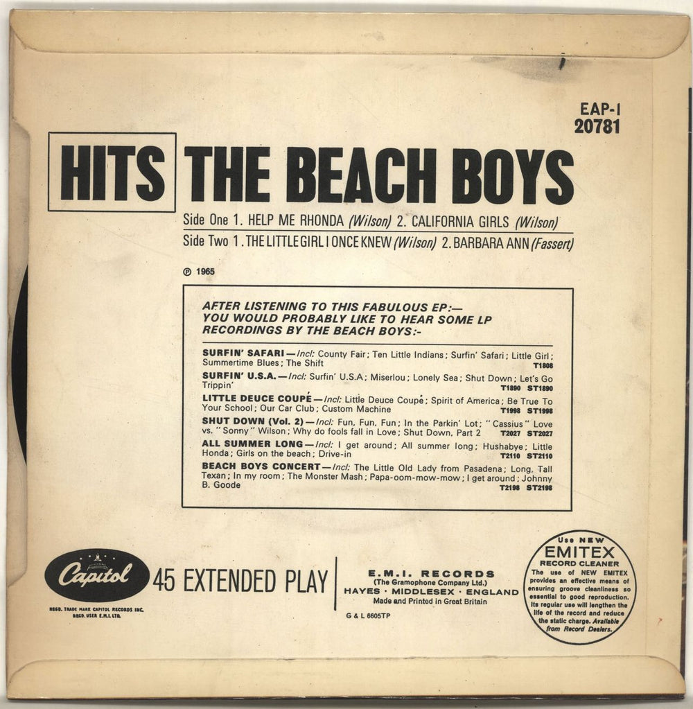 The Beach Boys Hits EP UK 7" vinyl single (7 inch record / 45) BBO07TH66874