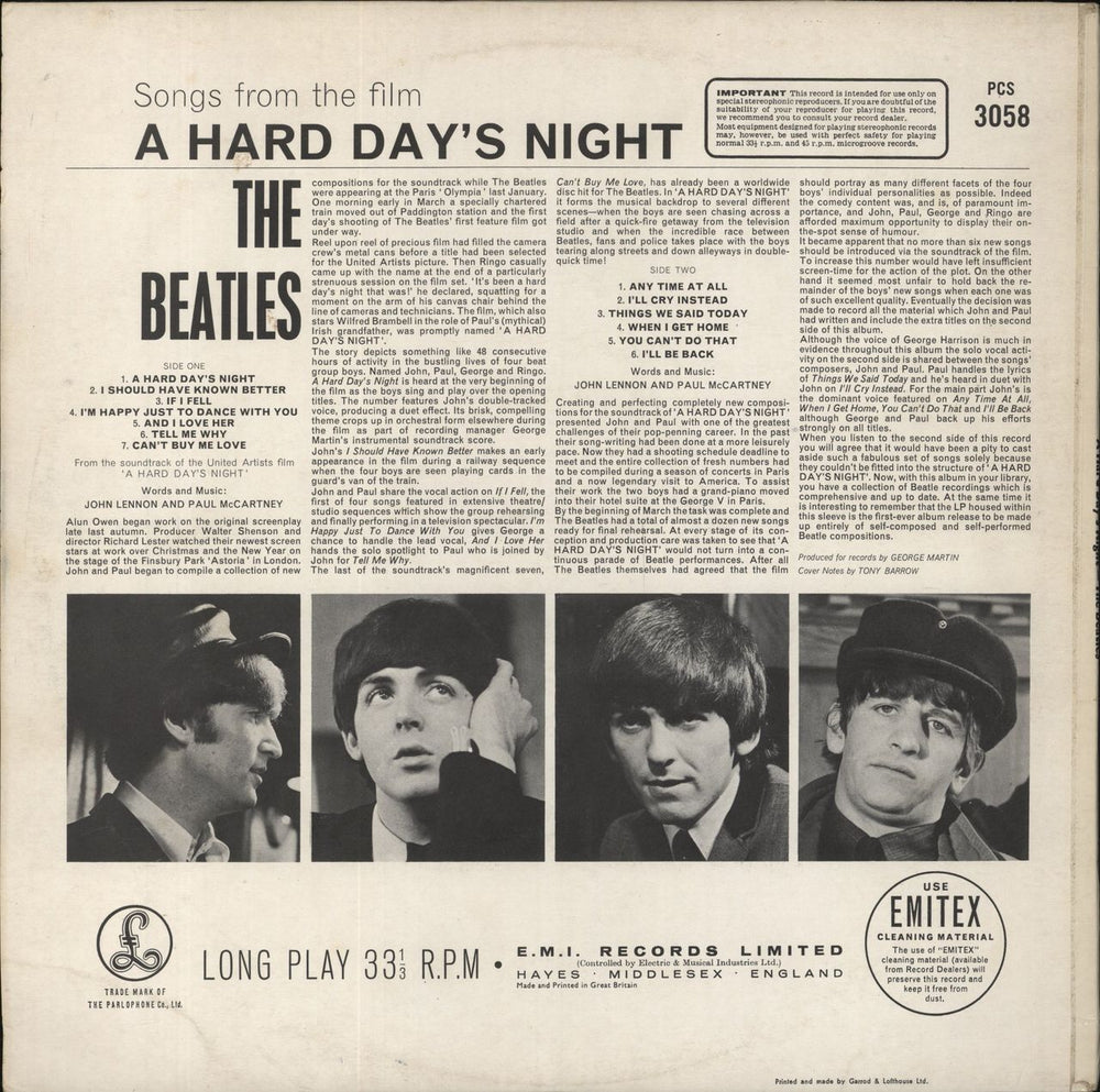 The Beatles A Hard Day's Night - EMI - Fr Lam - EX UK vinyl LP album (LP record)