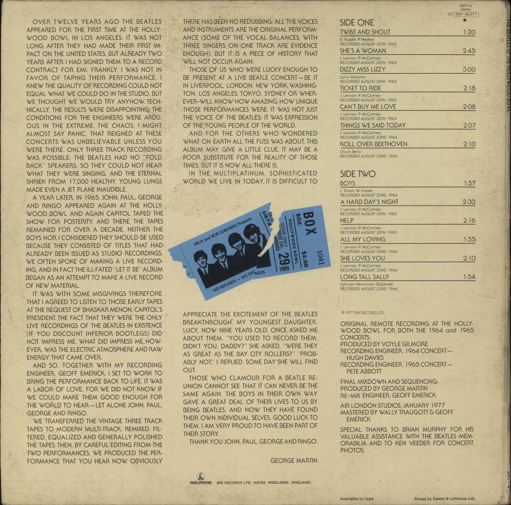 The Beatles At The Hollywood Bowl + Inner - VG Sleeve UK vinyl LP album (LP record)