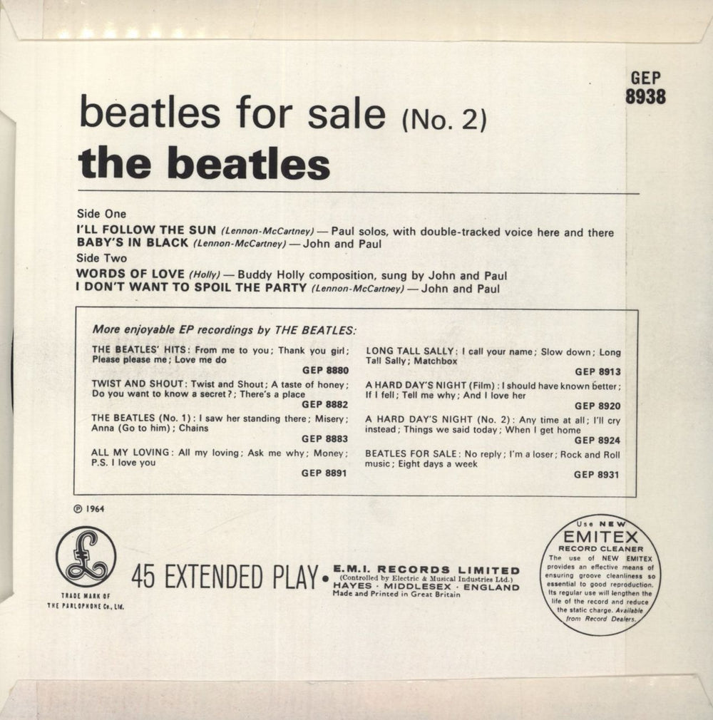 The Beatles Beatles For Sale (No 2) EP - 3rd UK 7" vinyl single (7 inch record / 45)