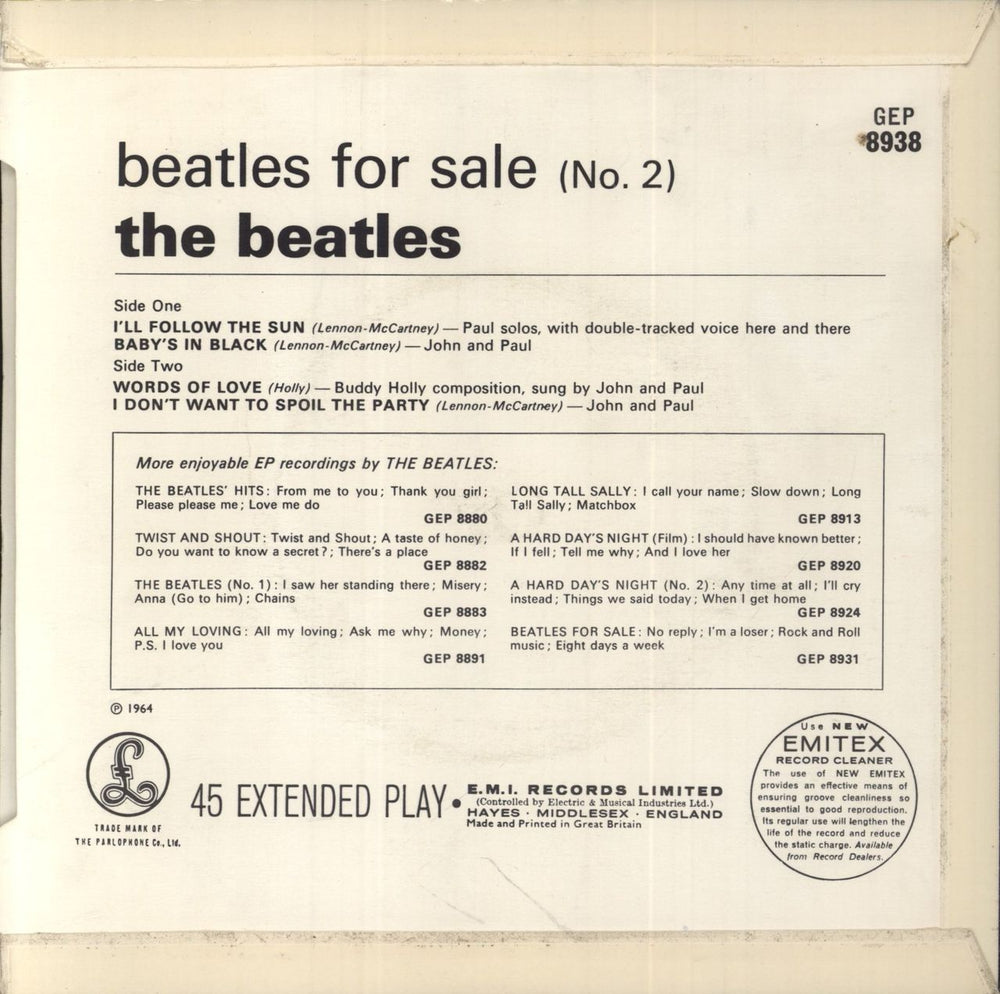 The Beatles Beatles For Sale (No 2) EP - EMI Text - EX UK 7" vinyl single (7 inch record / 45)