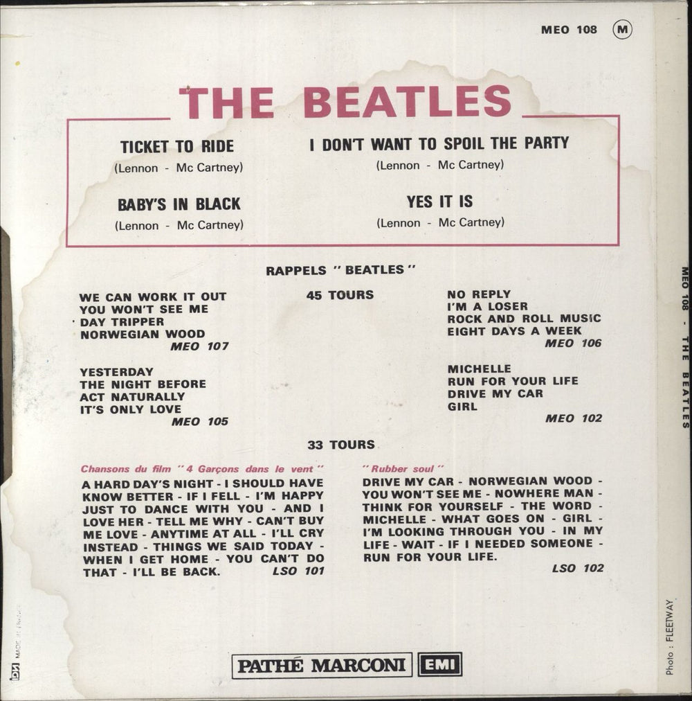 The Beatles Ticket To Ride EP - 3rd French 7" vinyl single (7 inch record / 45)