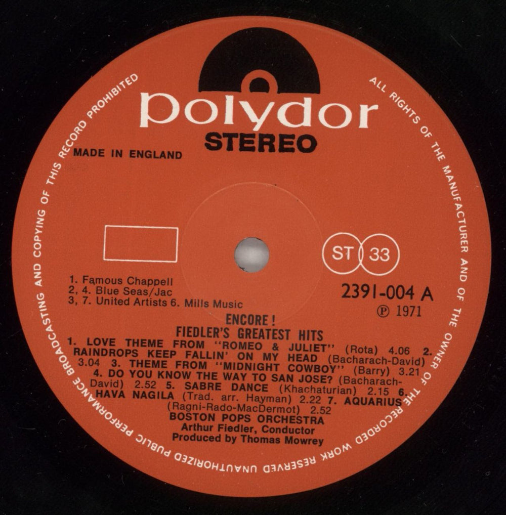 The Boston Pops Orchestra Encore (Fiedler's Greatest Hits) German vinyl LP album (LP record) BP0LPEN874399