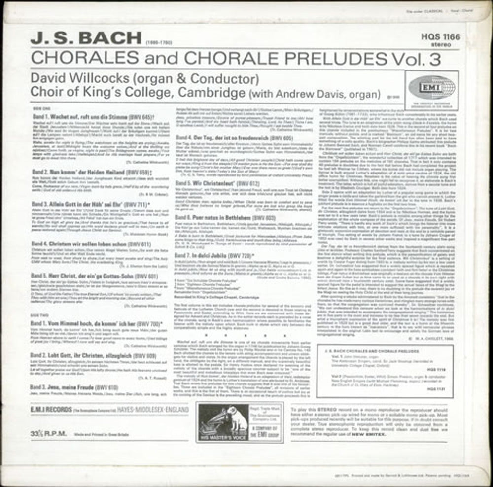 The Choir Of King's College, Cambridge Bach: Chorales and Chorale Preludes Vol. 3: Advent and Christmas UK vinyl LP album (LP record) KZ2LPBA533429