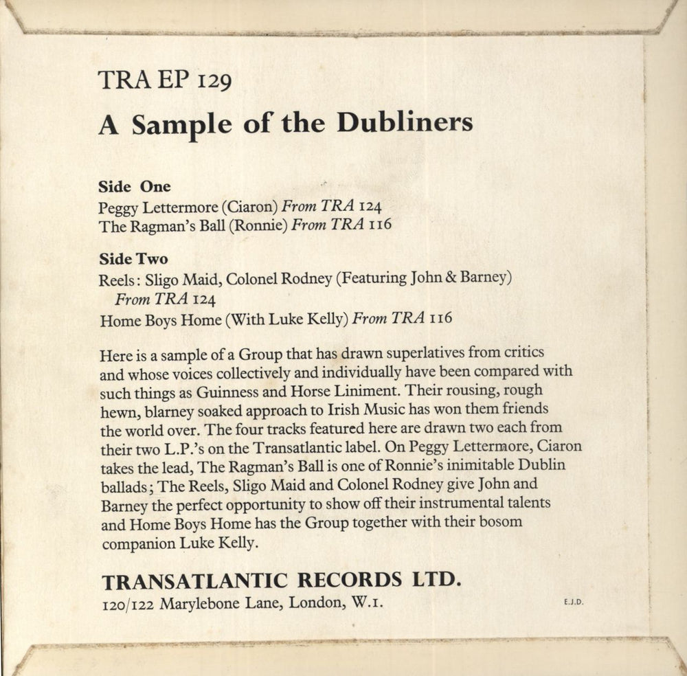 The Dubliners A Sample Of The Dubliners UK 7" vinyl single (7 inch record / 45)