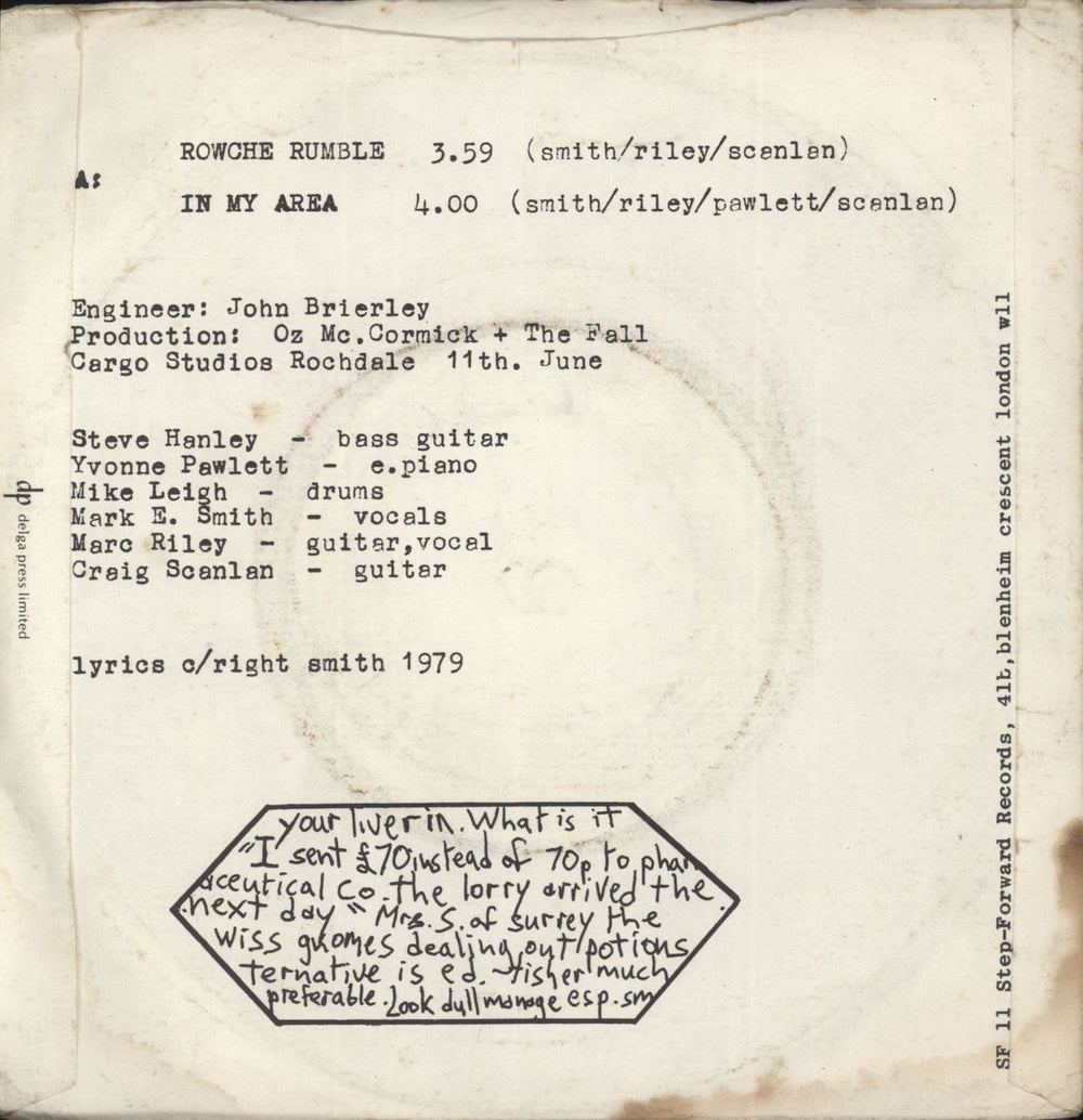 The Fall Rowche Rumble UK 7" vinyl single (7 inch record / 45)