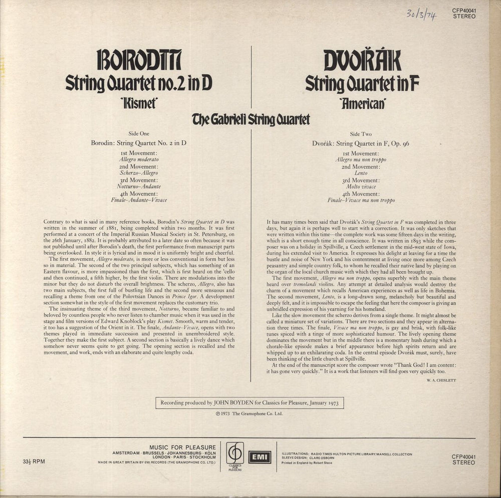 The Gabrieli String Quartet Borodin: String Quartet No. 2 in D 'Kismet' / Dvorák: String Quartet In F 'American' UK vinyl LP album (LP record)