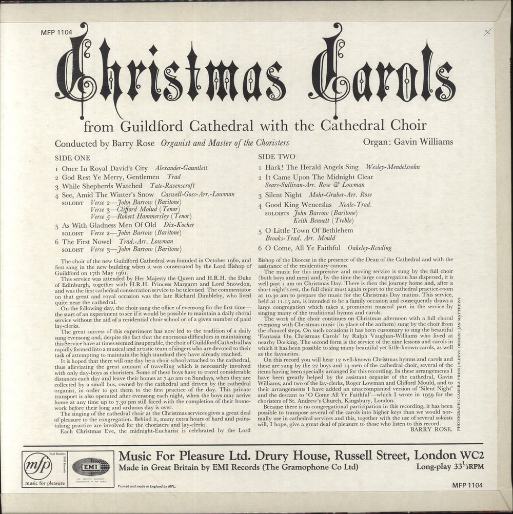 The Guildford Cathedral Choir Christmas Carols From Guildford Cathedral UK vinyl LP album (LP record)