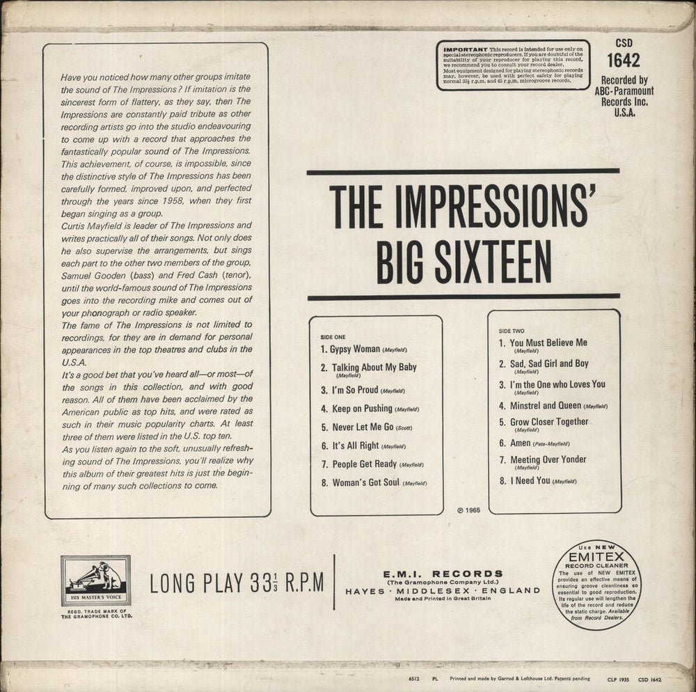 The Impressions Big Sixteen UK vinyl LP album (LP record)