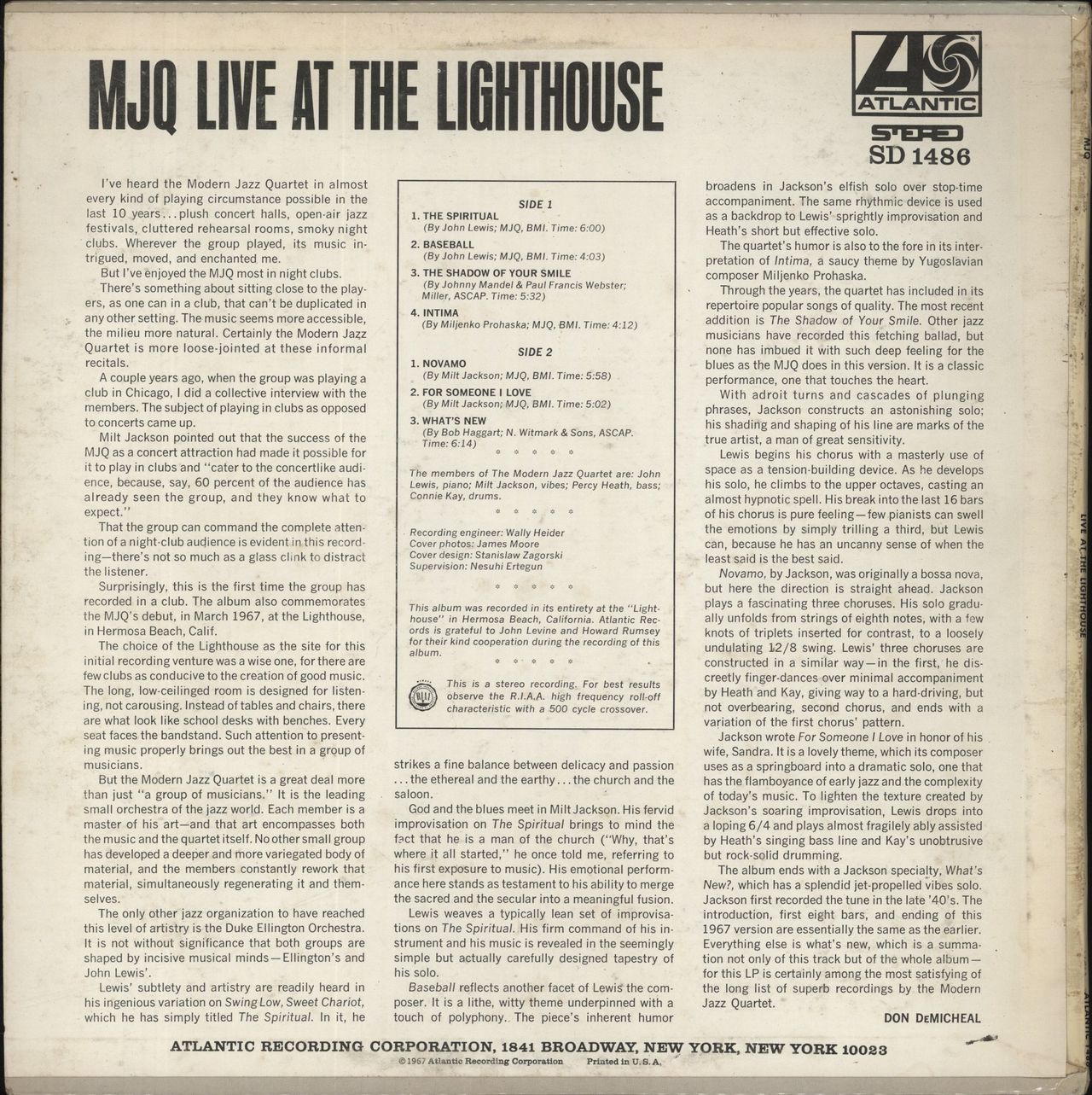 The Modern Jazz Quartet Live At The Lighthouse US Vinyl LP — RareVinyl.com