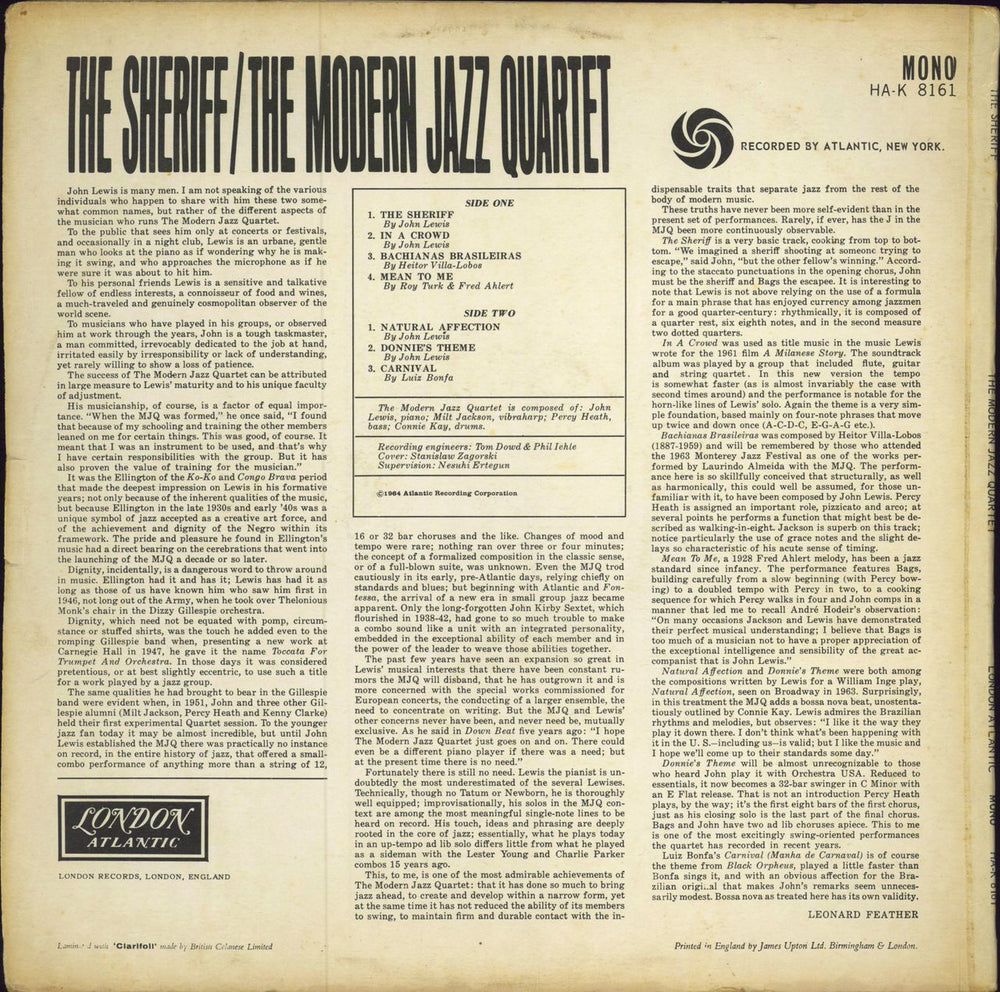 The Modern Jazz Quartet The Sheriff UK vinyl LP album (LP record)