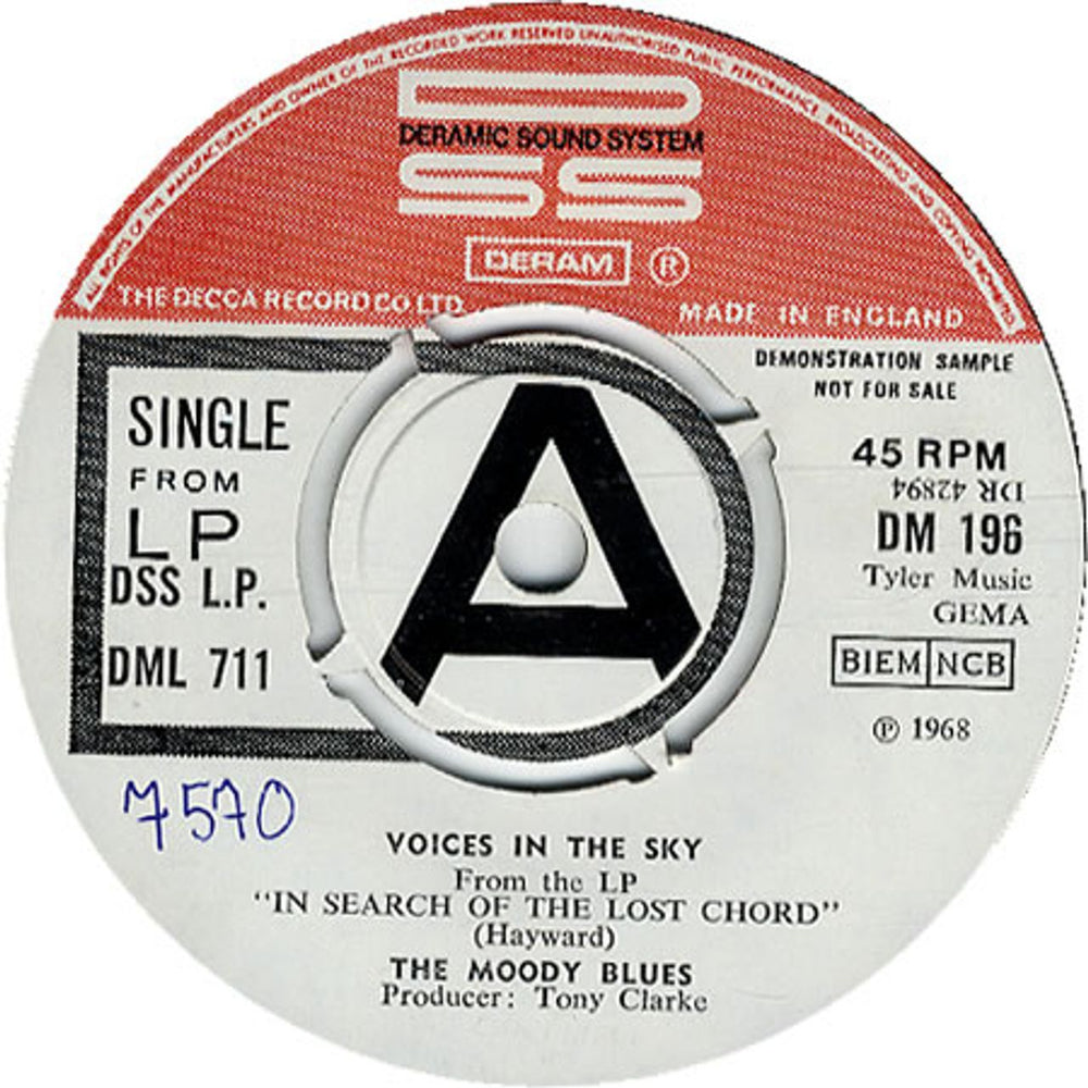 The Moody Blues Voices In The Sky - 'A' Label Demo UK Promo 7" vinyl single (7 inch record / 45) DM196