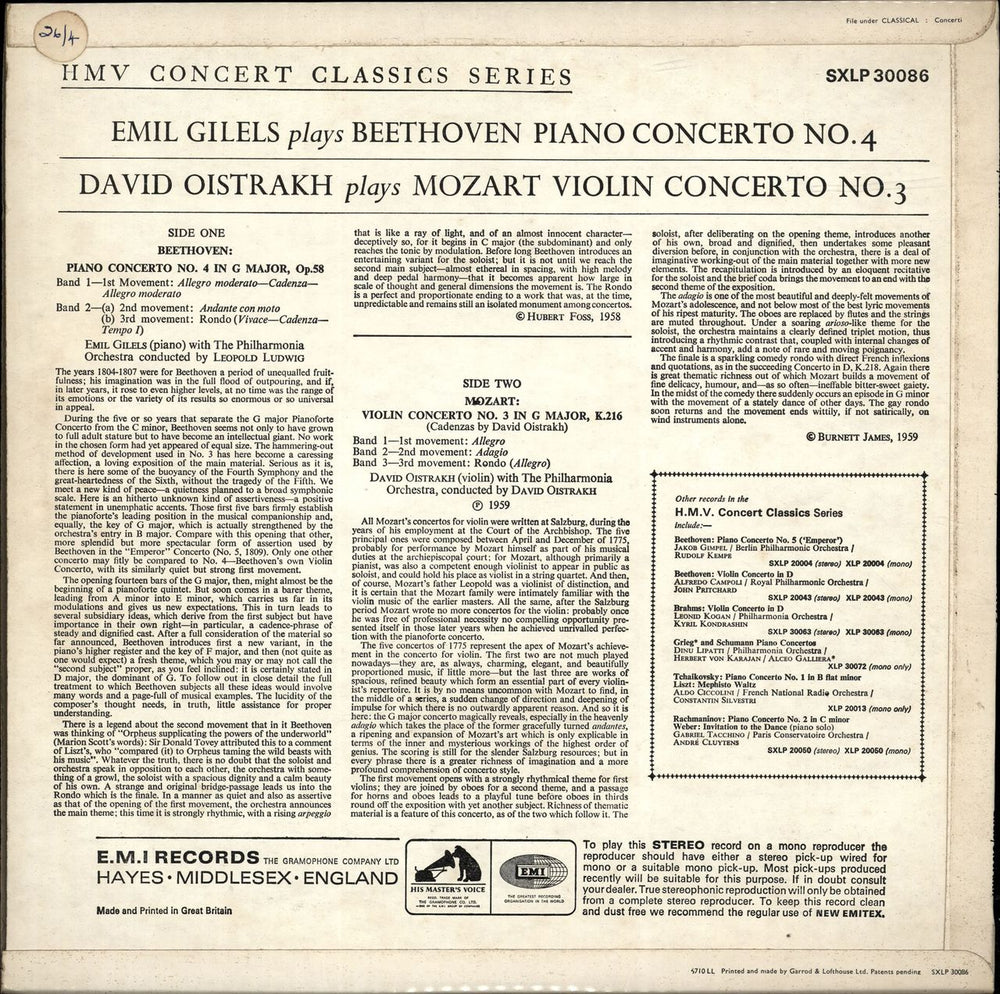 The Philharmonia Orchestra Beethoven Piano Concerto No. 4 / Mozart Violin Concerto No. 3, K.216 UK vinyl LP album (LP record)