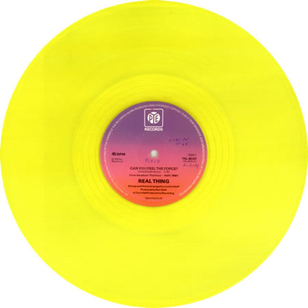 The Real Thing Can You Feel The Force? - Yellow Vinyl + P/s UK 12" vinyl single (12 inch record / Maxi-single) TE012CA354627