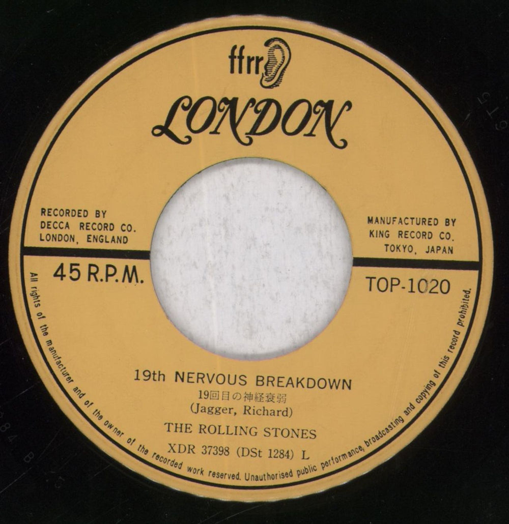 The Rolling Stones 19th Nervous Breakdown Japanese 7" vinyl single (7 inch record / 45) ROL07TH123934