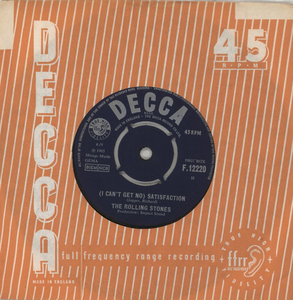 The Rolling Stones (I Can't Get No) Satisfaction - 1st (f) - EX UK 7" vinyl single (7 inch record / 45) F.12220