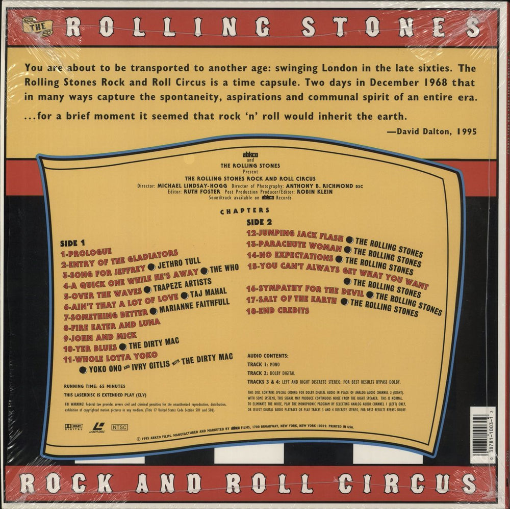 The Rolling Stones Rock And Roll Circus US laserdisc / lazerdisc 038781100312
