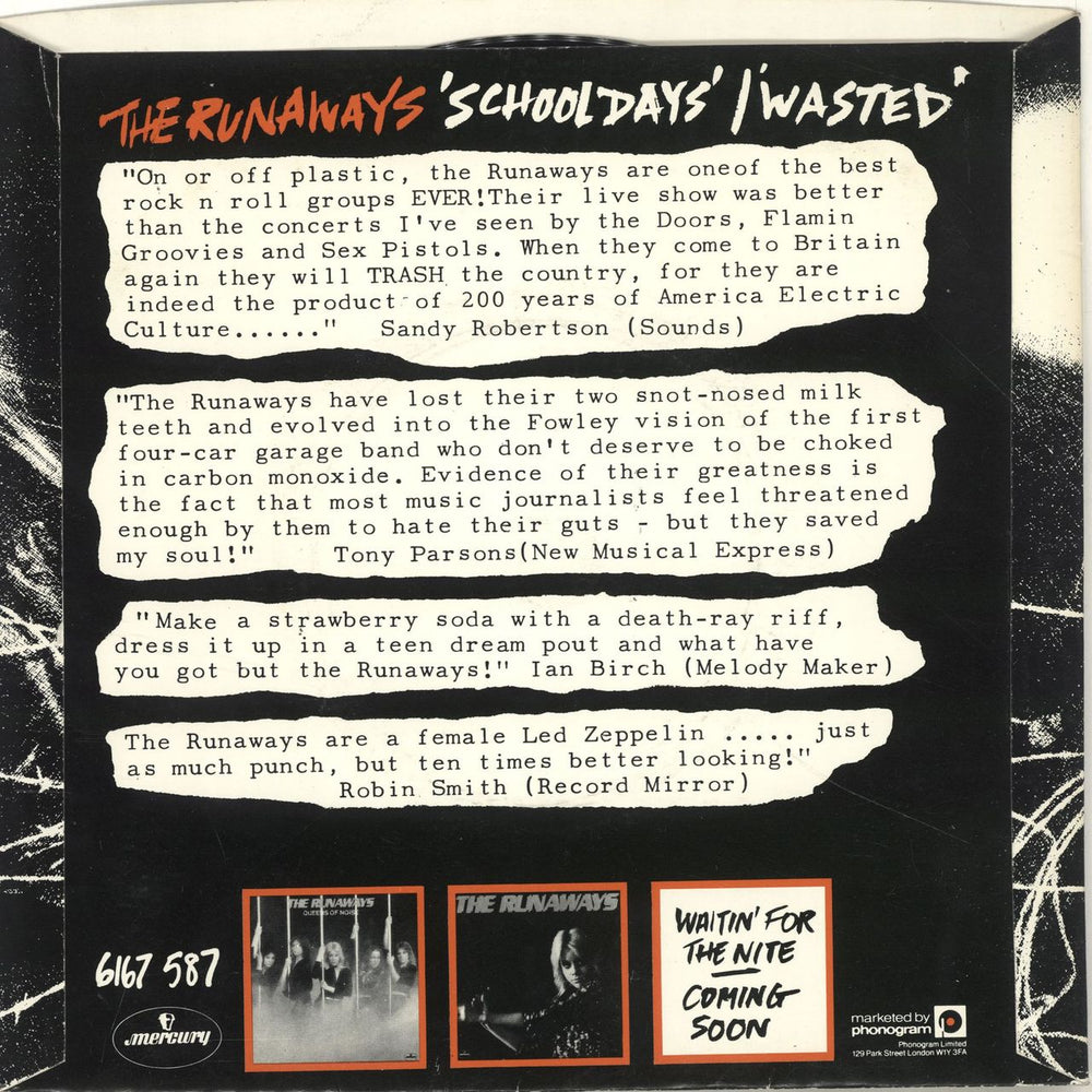 The Runaways School Days UK 7" vinyl single (7 inch record / 45)