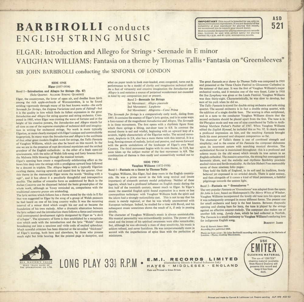 The Sinfonia Of London Barbirolli Conducts English String Music - 1st UK vinyl LP album (LP record)