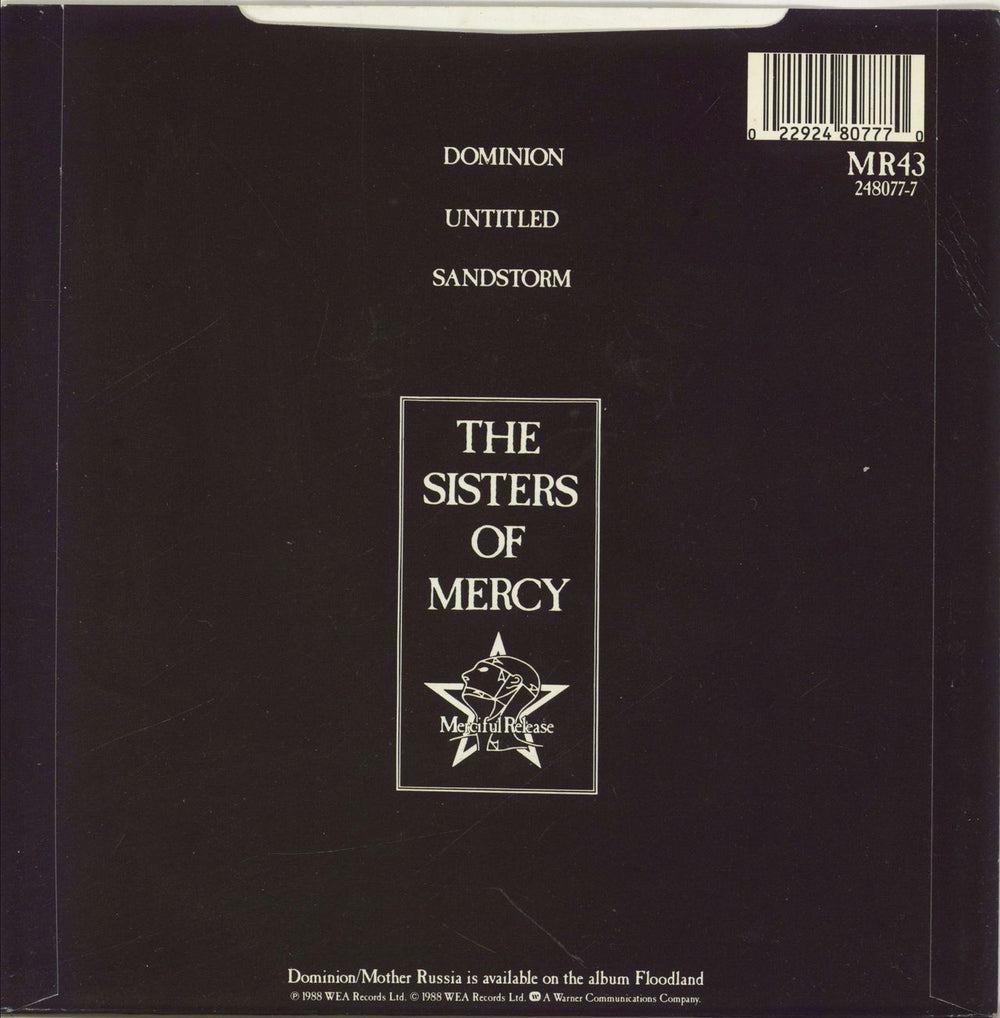 The Sisters Of Mercy Dominion - Stickered sleeve UK 7" vinyl single (7 inch record / 45) 022924807770
