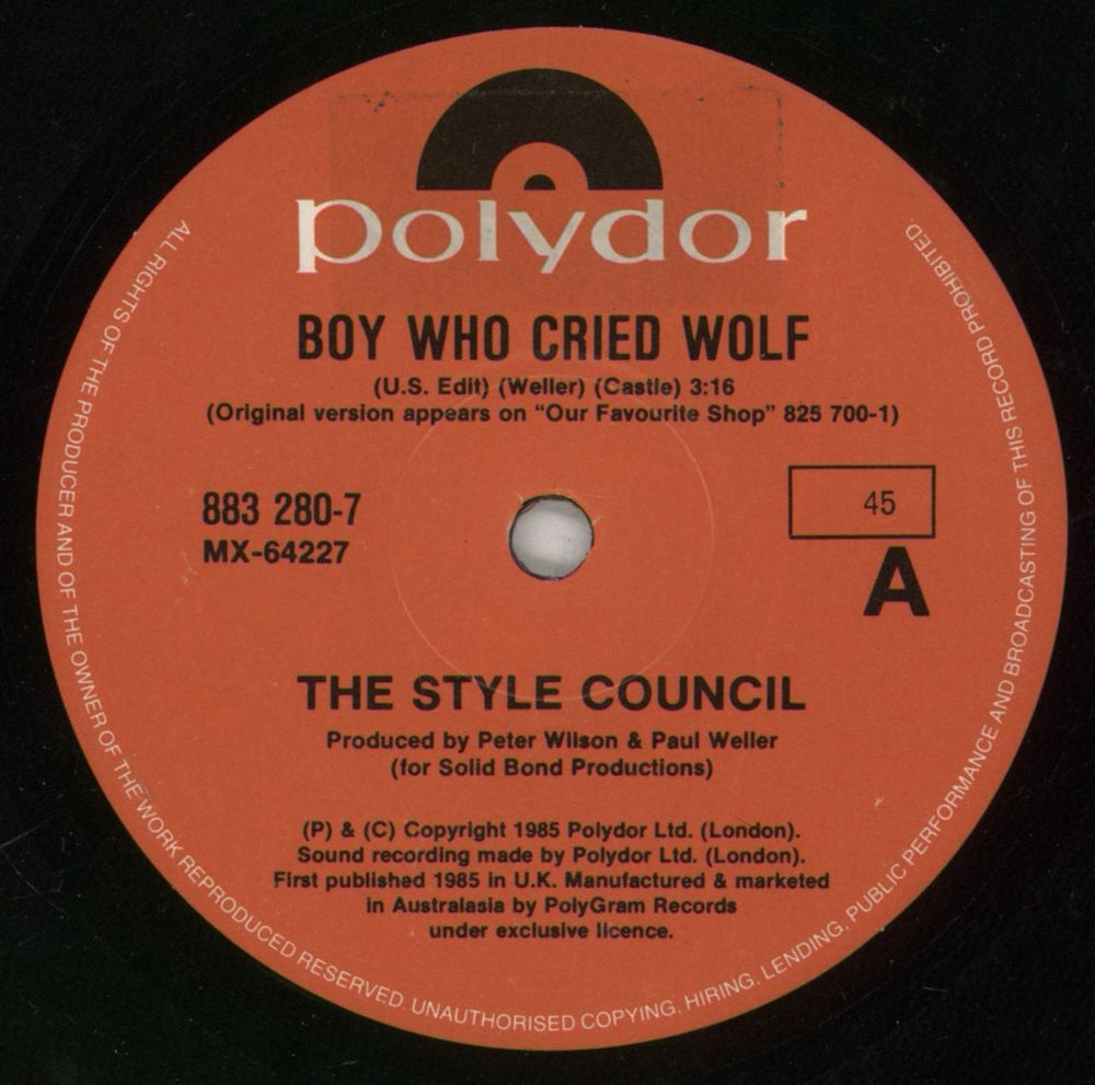 The Style Council Boy Who Cried Wolf Australian 7" vinyl single (7 inch record / 45) 883280-7