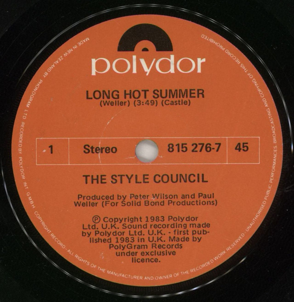 The Style Council Long Hot Summer New Zealand 7" vinyl single (7 inch record / 45) 815276-7