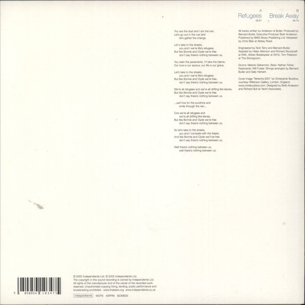 The Tears Refugees - Clear Vinyl UK 7" vinyl single (7 inch record / 45) 5050954103475