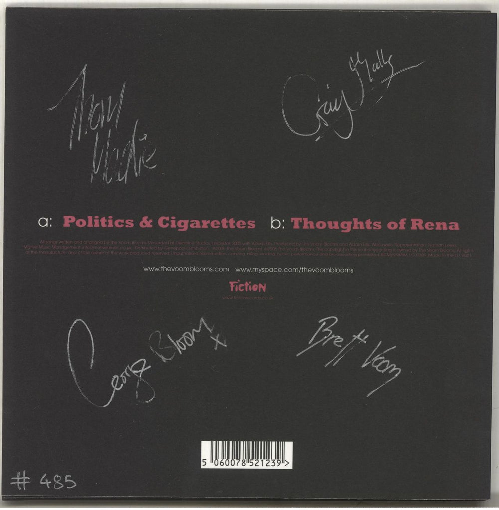 The Voom Blooms Politics & Cigarettes - Autographed + Numbered UK 7" vinyl single (7 inch record / 45) VOO07PO442862